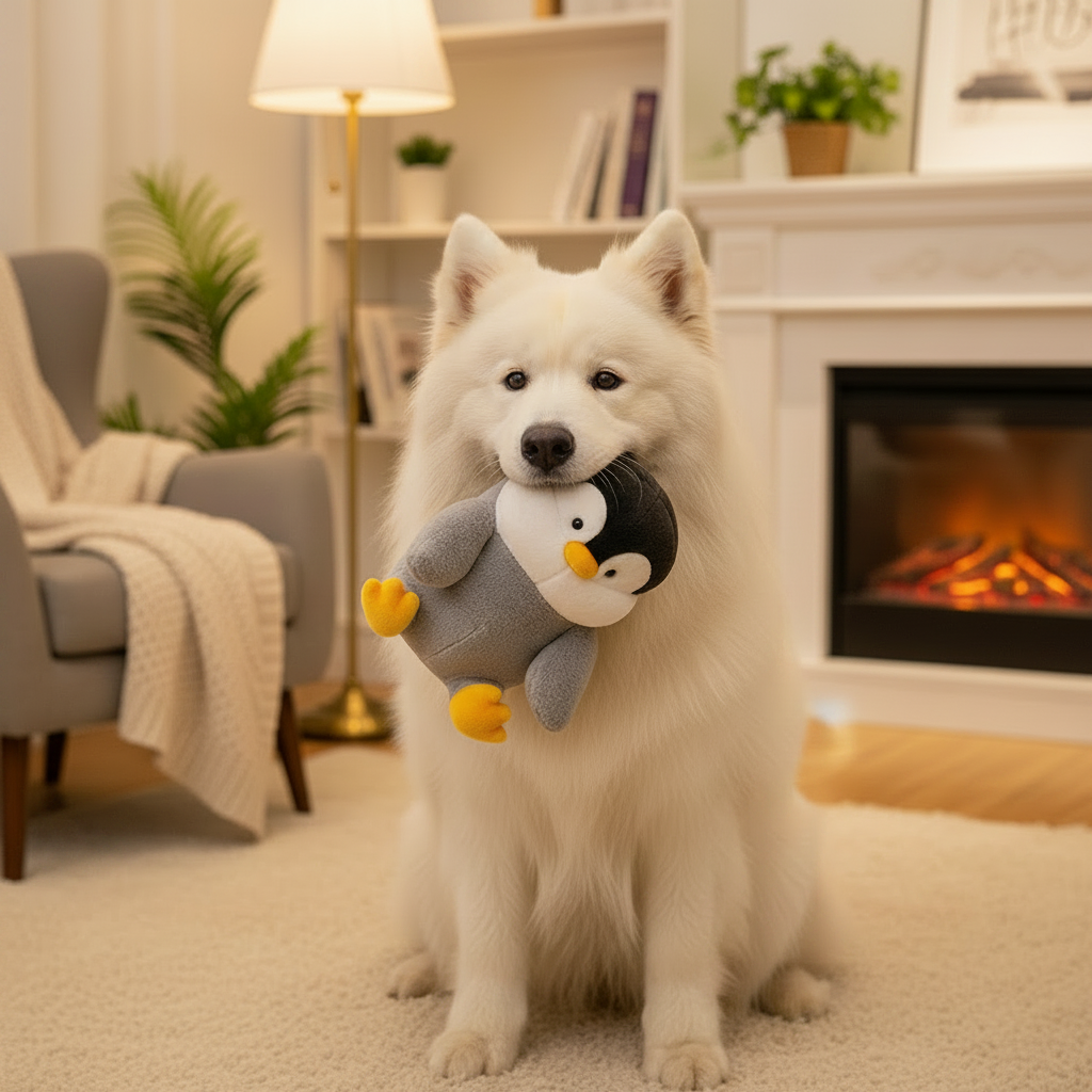 Chien gueule fermée avec peluche pingouin
