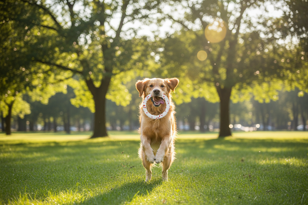 Chien jouant avec l'anneau ETPU en extérieur