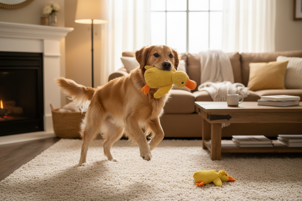 Chien jouant avec le canard en intérieur