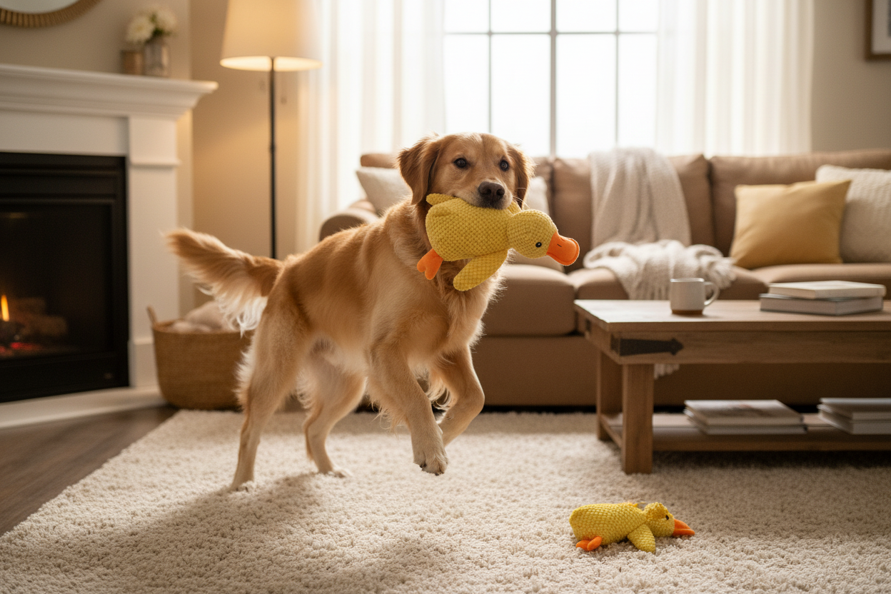 Chien jouant avec le canard en intérieur