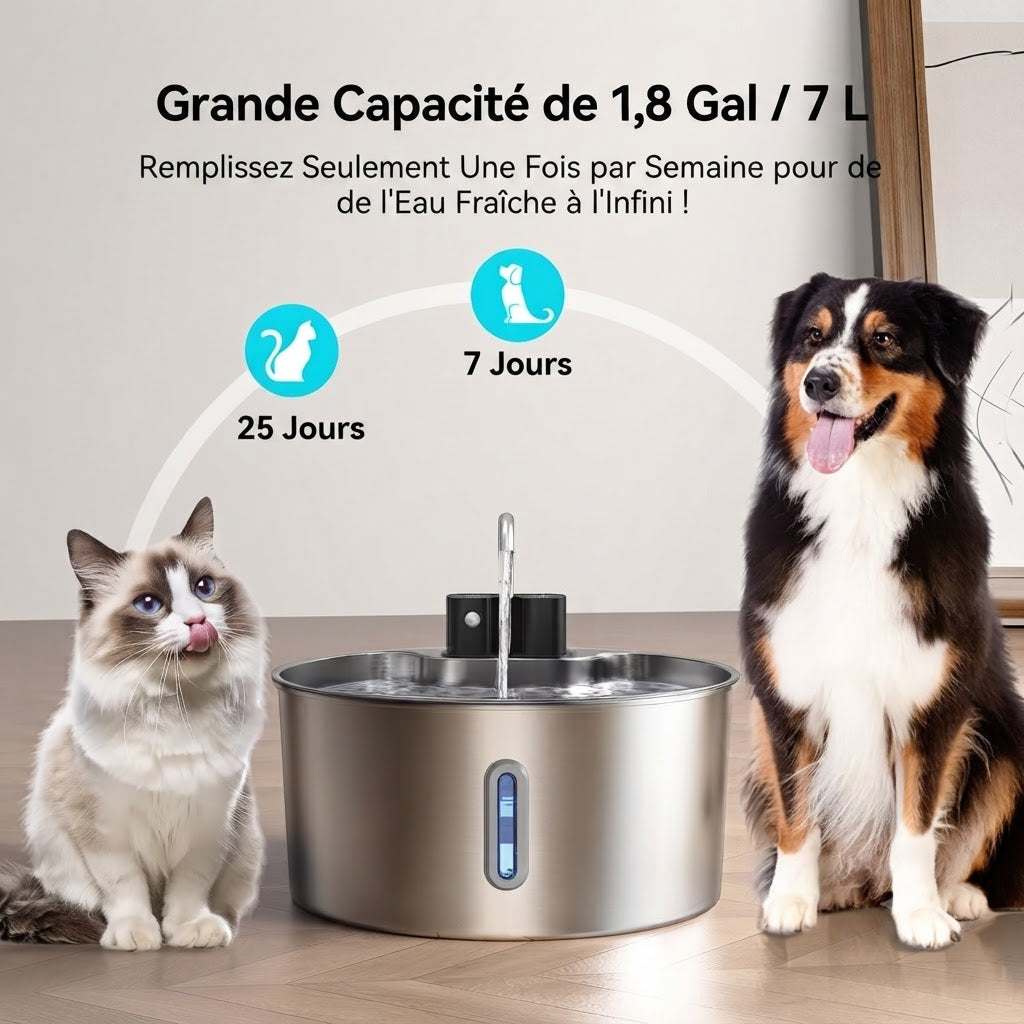 7L Dog Water Fountain - Stainless Steel, 4-Level Filtration, Silent Pump